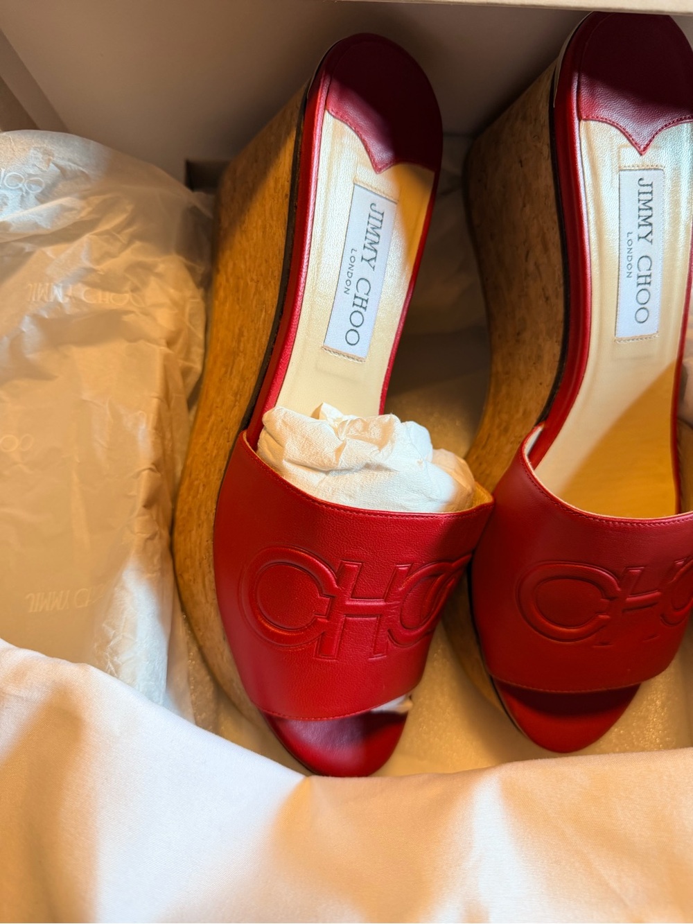 Jimmy Choo Red Leather Logo Slide Wedge Mules - Picture 2 of 3